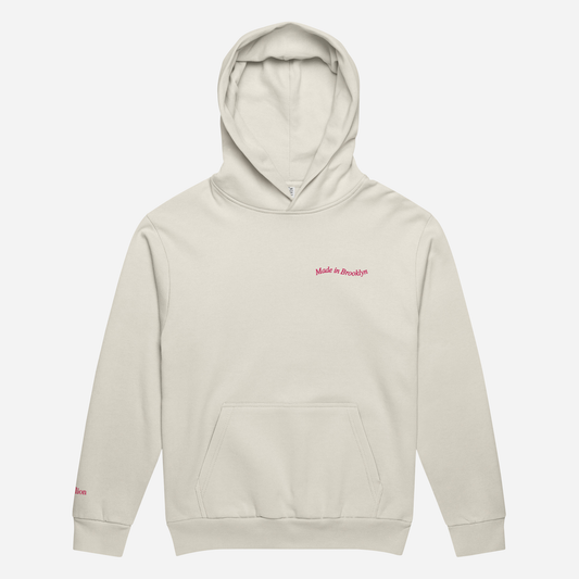 MADE IN BROOKLYN Urban garment-dyed hoodie | Left Chest & Right Sleeve Embroidery | Hot Pink Thread
