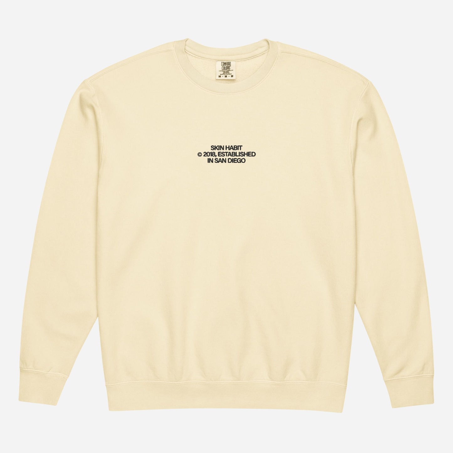 SH © 2018 l Unisex garment-dyed fleece crewneck sweatshirt | Center Chest Embroidery | Black Thread