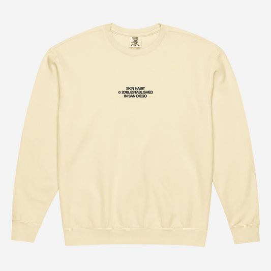 SH © 2018 l Unisex garment-dyed fleece crewneck sweatshirt | Center Chest Embroidery | Black Thread