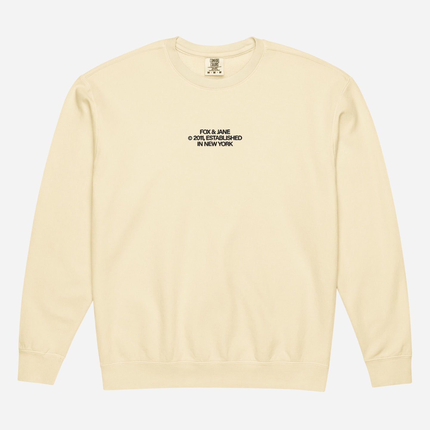 FJ © 2011 Unisex garment-dyed fleece crewneck sweatshirt | Center Chest Embroidery | Black Thread