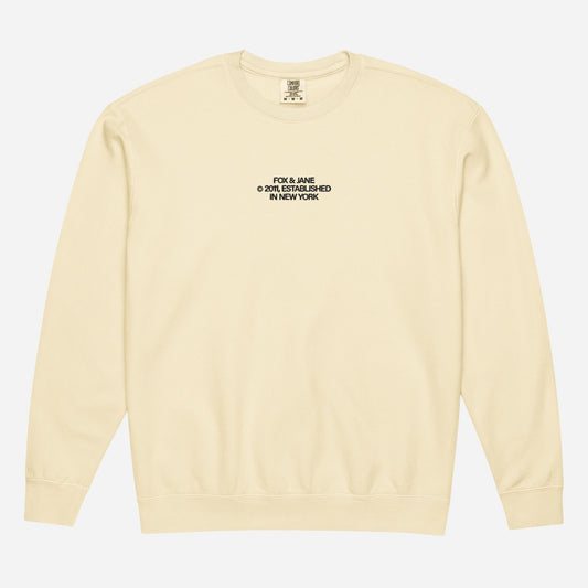 FJ © 2011 Unisex garment-dyed fleece crewneck sweatshirt | Center Chest Embroidery | Black Thread