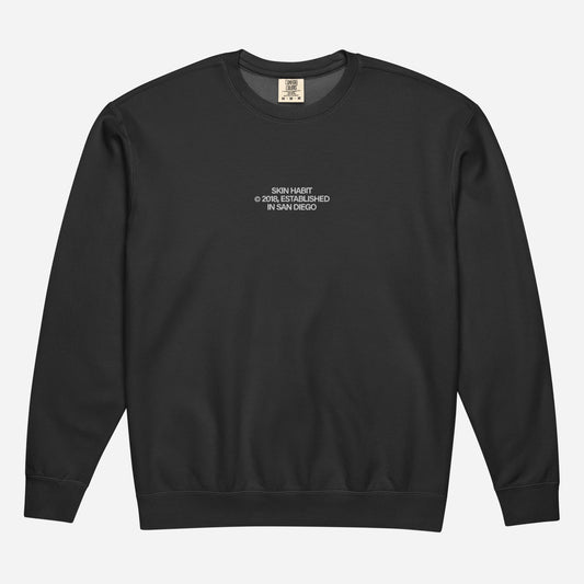 SH © 2018 l Unisex garment-dyed fleece crewneck sweatshirt | Center Chest Embroidery | White Thread